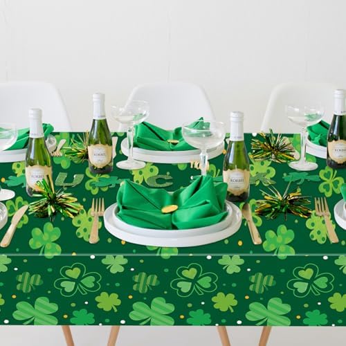 3-Piece 54 x 108 Inch St. Patrick’s Day Plastic Tablecloth – Green Shamrock Disposable Rectangle Table Covers for Irish Party, Lucky Day Celebrations, and St. Paddy’s Decorations