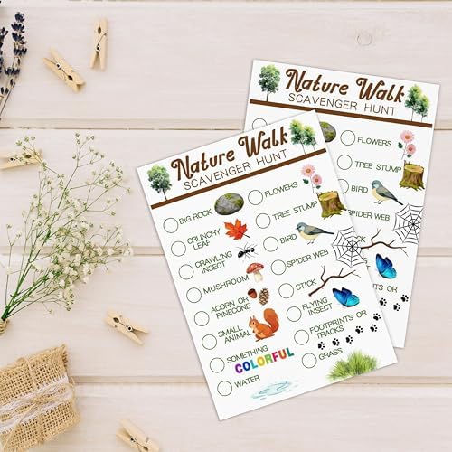 30Pcs Nature Walk Scavenger Hunt Cards, Scavenger Hunt Cards Road Trip and Travel Activities, Spring Summer Holiday Party Supplies, Camping Games Outdoor Indoor Seek Activity
