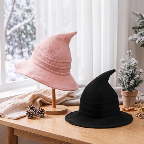 Boyiee Knitted Witch Hat Foldable Wide Brim Cap Pointed Felt Hat for Women Halloween Cosplay Costume Masquerade Accessory