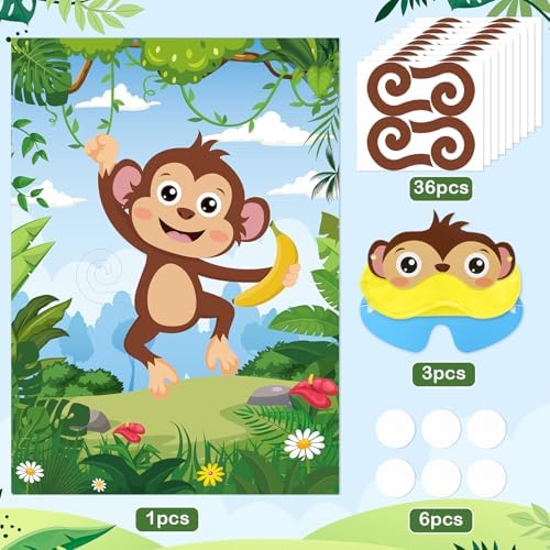 Hooqict Safari Animal Party Games for Kids Birthday Pin The Tail on The Monkey for Jungle Birthday Decorations Wild Zoo Party Supplies, Large Safari Pin The Games Poster with 36 Tail Stickers