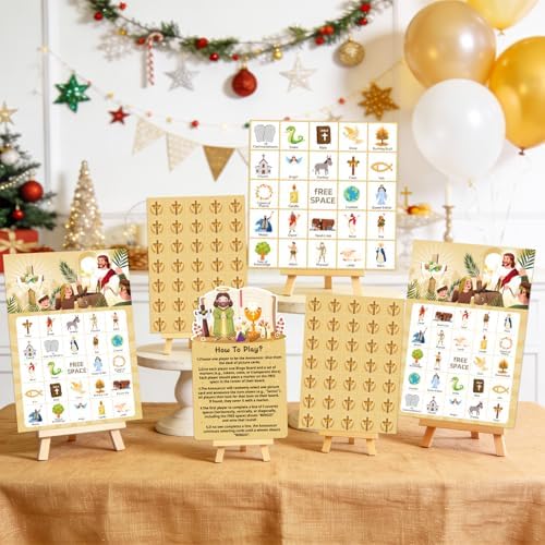 Bible Bingo Game, 38pcs Biblical Party Favors Set Including Bible School Bingo Cards for Religious Party Decorations Biblical Party Decorations