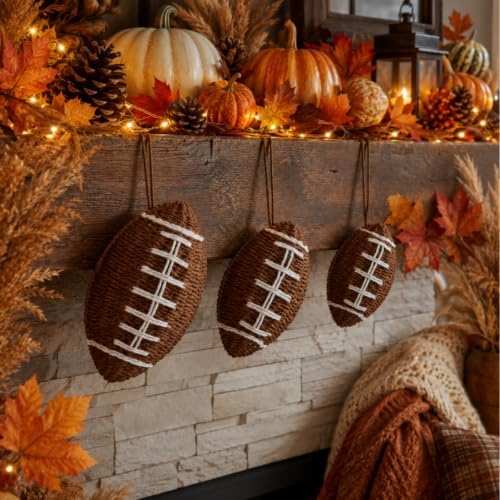 Beeveer 3 Pcs Fall Football Decor Rustic Woven Wall Hanging Decoration