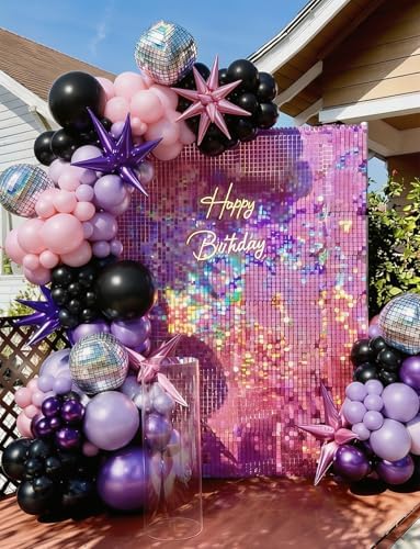 Pink and Purple Balloon Arch Garland Kit, 109PCS Pink Purple Black Balloons with Starburst Foil Balloons, Trendy Music Birthday Decorations for Girls and Teens, Concert and Movie Fans Party Supplies