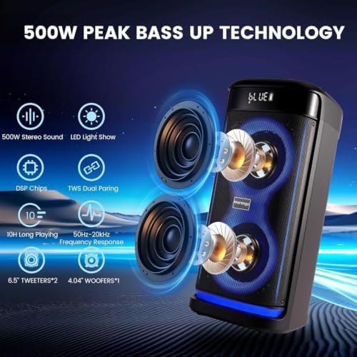 Karaoke Machine for Adults with 2 Wireless Mics, 500W(Peak) Party Speaker