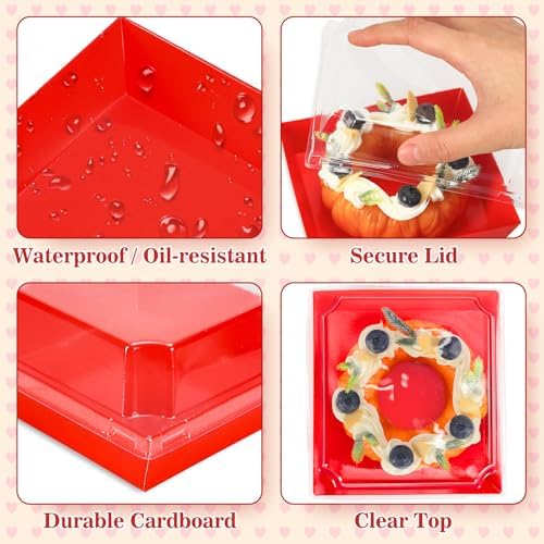 Whaline 50 Set Red Small Charcuterie Boxes with Clear Lids Forks Knives Mother's Day Clear Mini Dessert Box Disposable Food Container for Gift Giving Wedding Party Sandwich Cookie Sushi Cake