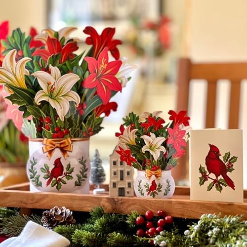 Freshcut Paper Pop Up Cards, Mini Winter Joy, 6 inch Mini Sized Paper Flower Bouquet 3D Popup Greeting Cards, Christmas Card, Holiday Card, Blank Notecards & Envelopes, Pack of 5