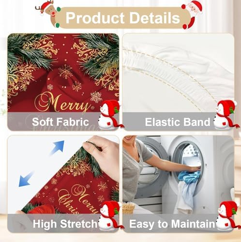 Christmas Chair Covers Set of 4, Red Bow and Wreath Dining Chair Slipcovers with Pinecones and Snowflakes, Stretchable Holiday Chair Protectors