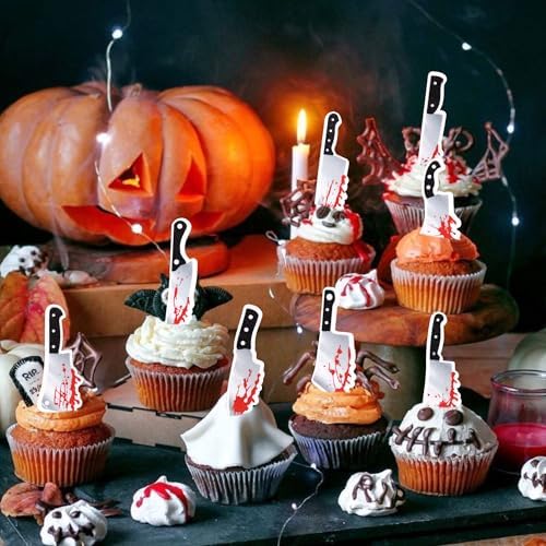 64 PCS Edible Halloween Blood Knife Cupcake Toppers Wafer Paper Horror Blood Knife Cupcake Picks Edible Have a Killer Birthday Cake Decorations for Halloween Theme Killer Birthday Party Supplies