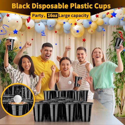 120 Pack 16 oz Black Cups, Heavy Duty Black Plastic Cups for Party, Cold Drinks, BBQ, Black Disposable Cups for Christmas, Halloween, Wedding, Birthday, Picnic, Serving and Celebrations