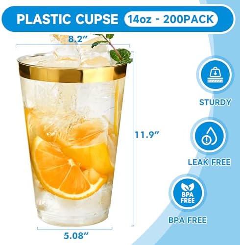 RACETOP 14 oz 200 Pack Disposable Plastic Cups with Gold Rim