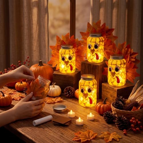 Qinyoung 12 Pcs Thanksgiving Turkey Craft Mason Jars Tissue Paper Craft