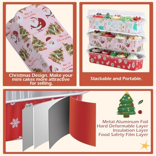100Pack Christmas Mixcolor Mini Cake Pans with Lids and Spoons Mini Loaf Pans with Lids, 6.8Oz Aluminum Foil Pans Tins, Individual Dessert Cups Containers for Sales,Party,Picnics