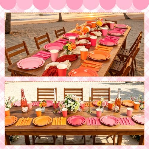 350 Pcs Pink and Orange Party Plates and Napkins - Hot Pink Orange Party Decoration Tableware set Include Sunset Tropical Scalloped Plate Napkin Cup & Cutlery for Baby Shower, Wedding, Birthday
