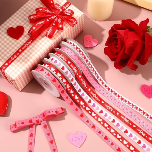 DECYOOL Valentine Ribbon, 6 Rolls 60 Yards Heart Grosgrain Craft Ribbons