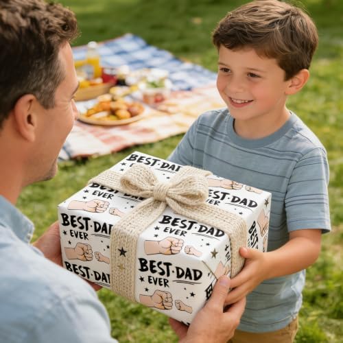 Cuitpan Father's Day Wrapping Paper - 4 Jumbo Sheets, 28x40 Inches, Best Dad Ever Fist Bump & Star Design, for Father's Day, Birthday & Dad Gifts
