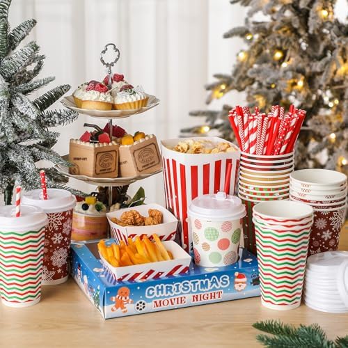 Bokon 172 Pcs/ 24 Sets of Christmas Movie Night Snack Trays 3 Sizes Snack Boxes, 16 oz Disposable Drinks Cups, 50 Straws, Complimentary Sealing Stickers for Cinema Party Decoration Family Gatherings