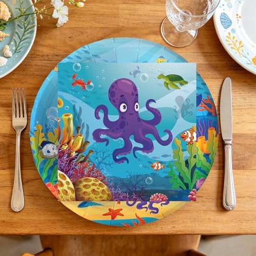 50Pcs Under the Sea Birthday Plates and Napkins Party Supplies, Disposable Ocean Theme Paper Plates Napkins Tableware Set for Sea Animal Party Decorations (Sea Animal)