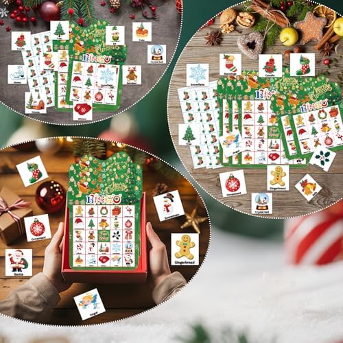 Christmas Bingo Game 24Players - Card for Kids Christmas Party Favor Family Activities Party Card Games School Classroom Games Turkey Party Favors Supplies (Green)