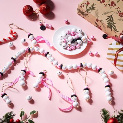 Landical 180 Piece Summer Christmas in July DIY Christmas Snowman Wooden Bead Crafts DIY Ornaments Buffalo Plaid Wood Round Bead Xmas Print Wooden Beads with Twine Scarf for Crafts(Pink Color)