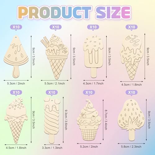 80PCS Wooden Ice Cream Cutouts Ornaments to Paint,Summer Decorations 8 Styles DIY Blank Unfinished Wood Cutouts Ornament for Crafts Hanging Decorations