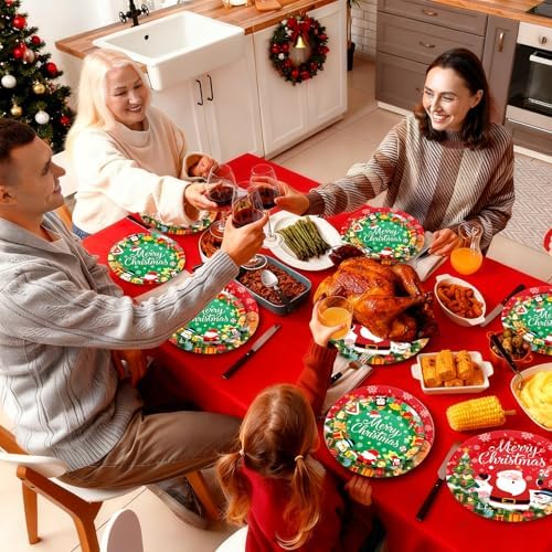 24 Pcs Merry Christmas Paper Plates - Cute Round Christmas Plates, Santa Claus Snowmen Dinner Dessert Plate Disposable Dinnerware Set for Winter Holiday Xmas Party Table Decorations Supplies Favors