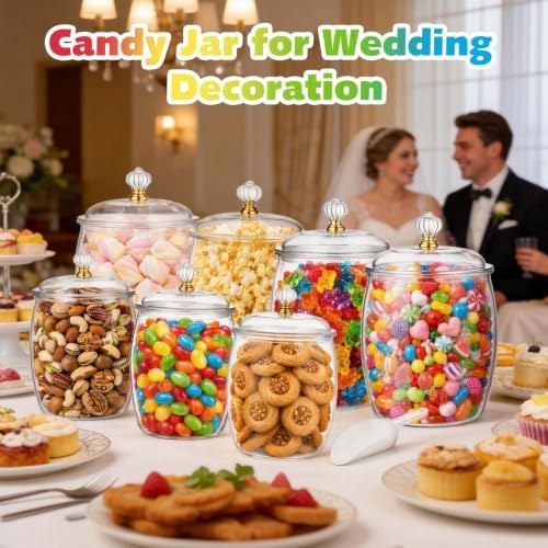 Mwellewm 4Pc Candy Jars with Lids 1 Gallon/64 OZ Clear Plastic Cookie Container with Scoops Large Airtight Apothecary Storage Organization Snack Buffet Canister for Wedding Home Kitchen Bar Decoration