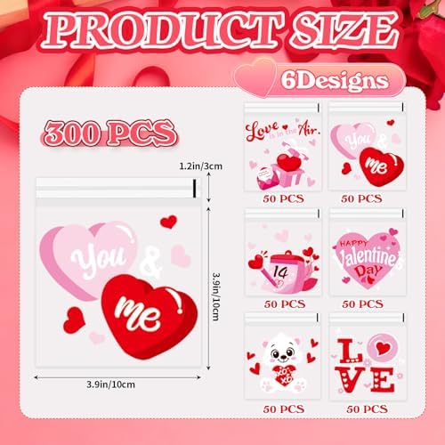 FOIMAS 300pcs Valentine's Day Cellophane Treat Bags Self Adhesive Candy Cookie Gift Bags Heart Goodie Bags for Valentine's Day Party Supplies