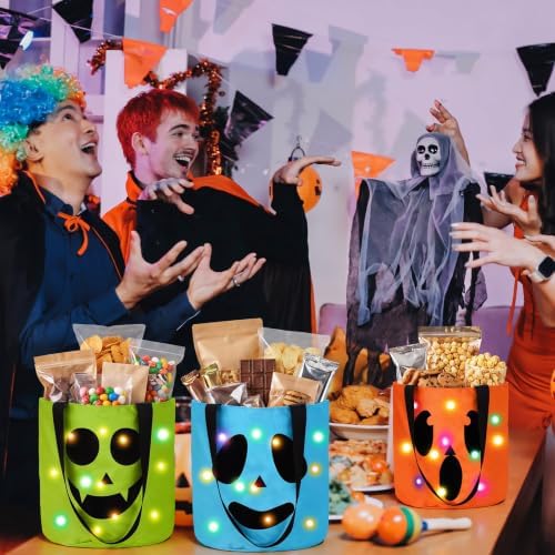 Sadnyy 3 Pcs Halloween Trick or Treat Bag Light Up,Orange,Green, Blue