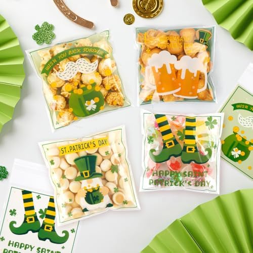 100 PCS Clear St Patricks Ziplock Bags, Plastic St Patricks Treat Gift Candy Goodie Snack Cookie Bags Party Favors Supplies for Gifts Giving Shamrock Bags Holiday Candy Bags Wrap