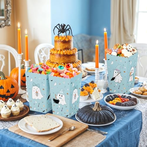 K KUMEED 24 PCS Halloween Popcorn Favor Boxes, Cute Ghost Popcorn Bowls, Blue