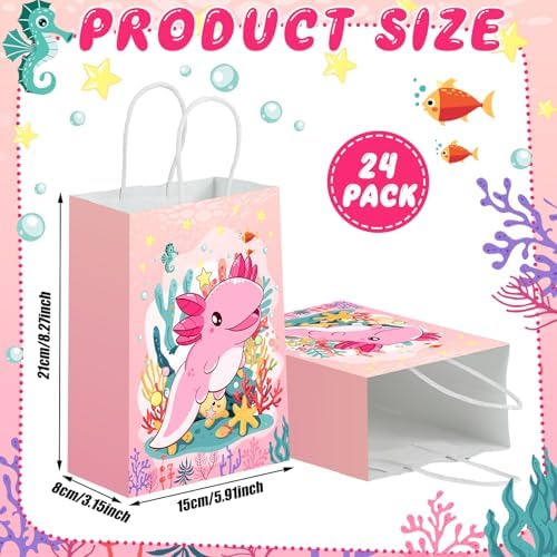 Kolldenn 24 Pcs Axolotl Party Bags with Handles, Axolotl Gift Paper Bag