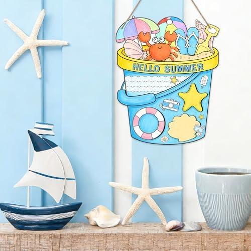 Sereliy 24 Pcs Summer Coloring Wreath Crafts, Color Your Own Bucket Crafts, DIY Paper Wreath for Summer Home Activities Games. (Bucket)