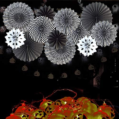 18pcs Party Hanging Paper Fans Set Black White Round Paper Fans Decorative Pattern Folding Fan Halloween Hanging Garlands for Halloween Birthday Wedding Graduation Events Accessories
