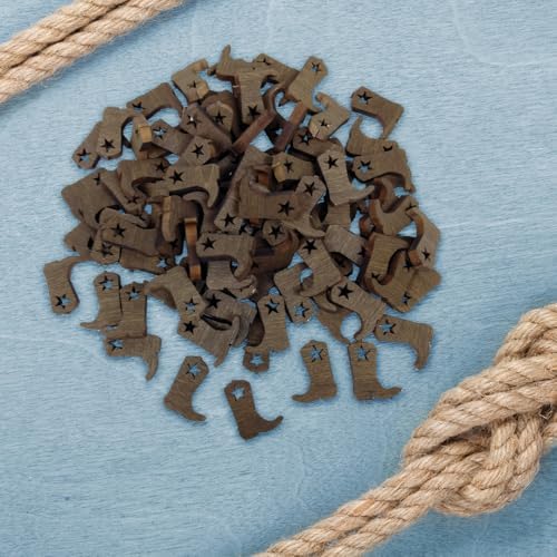 FashionJunkie4Life Laser Cut Cowboy Boot Confetti | Dark Walnut Color Wood Table Scatter with Star Cutout | Western Rustic Party Craft Decor