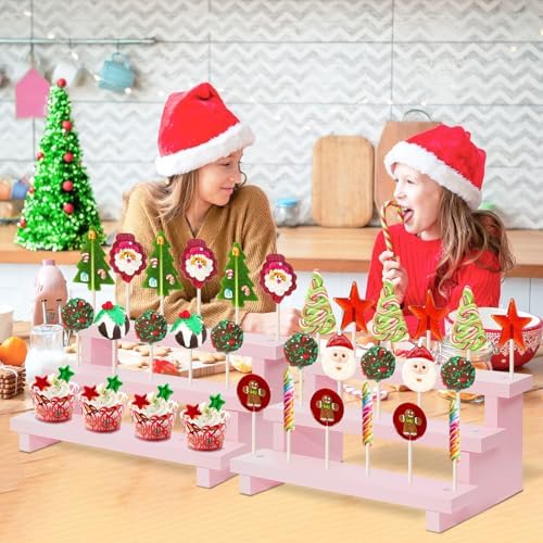 Wood Cake Pop Stands, 3 Tier Lollipop Holders with Twist Ties Lollipop Sticks, Sucker Display Riser for Dessert Table of Wedding Birthday Party (Pink-2P-17 Hole)