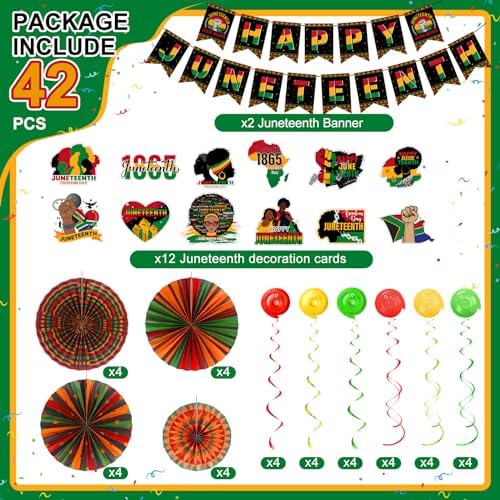 Capoda 42 Pcs Juneteenth Party Decorations 1865 Happy Juneteenth Banner Kente Paper Fans Hanging Swirls for June 19th Freedom Day Black History Independence Day Themed Party Supplies