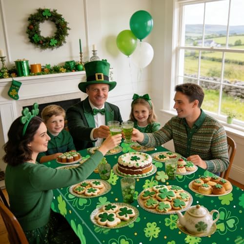 3-Piece 54 x 108 Inch St. Patrick’s Day Plastic Tablecloth – Green Shamrock Disposable Rectangle Table Covers for Irish Party, Lucky Day Celebrations, and St. Paddy’s Decorations