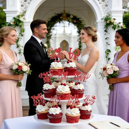 24Pcs Valentine's Day Cupcake Toppers, Glitter Word Heart Cake Decorations