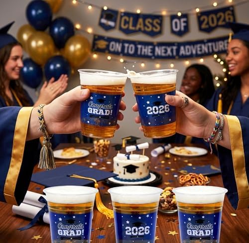 Gift Boutique Class of 2026 Graduation Plastic Cups 100 Pack Blue 16 oz Disposable Drink Cups for Grad Party Supplies Beverages Events Celebration Tableware Decorations