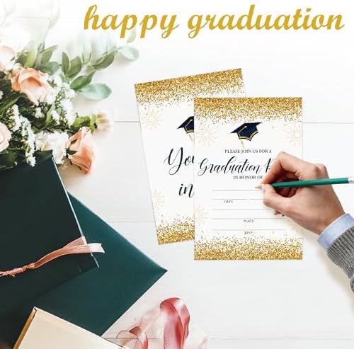 2026 Graduation Invite Cards, 25 Graduation Invitations With Envelopes Congrats Grad Graduation Party Supplies For University College Or High School Celebration （Gold） - A02