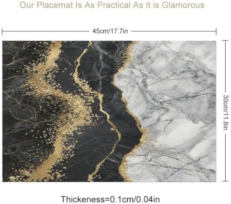 Black and Grey Placemats Set of 6, 12x18 Inch Abstract Modern Marble Pattern Printed Golden Stripe Linen Coffee Table Mats for Party Kitchen Dining Decoration