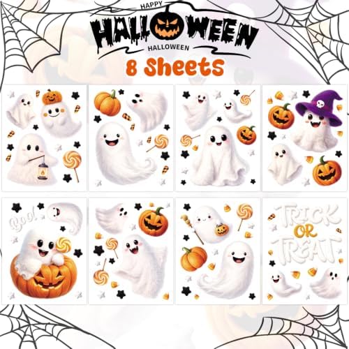 SULOLI 8 Sheet Halloween Window Clings, Plush Ghost Reusable Window Decals