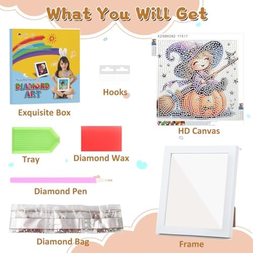 Halloween Diamond Art Painting Kits for Kids with Frame, Witch Diamond Painting Kits for Kids Ages 4-8-12, Easy Gem Arts and Crafts Gift for Girls Boys Adult Beginners Home Wall Decor(7x7inch)