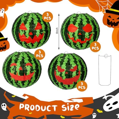 Baquler 12 Pcs Watermelon Paper Lanterns Halloween Green