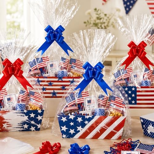 Cinrobiye 12 Pcs Patriotic Gift Baskets Bulk Empty 4th of July American Flag USA Gift Basket Kit with Pull Bows for Independence Day, Memorial Day, Veterans Day, Birthday Party Favors