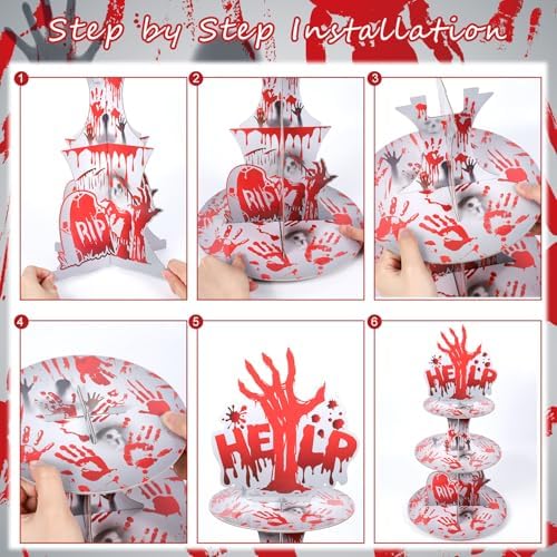 Keluna Halloween Bloody Birthday Party Decorations - 3 Tier Scary Bloody Help Handprint Cupcake Stand Horror Theme Party Supplies Dessert Tower Holder for Halloween Theme Table Decorations