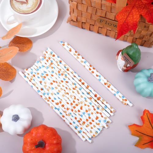Whaline 200Pcs Fall Paper Straws Blue Orange Pumpkin Disposable Straws Little Pumpkin Baby Shower Drinking Straw for Autumn Harvest Thanksgiving Halloween Party Supplies