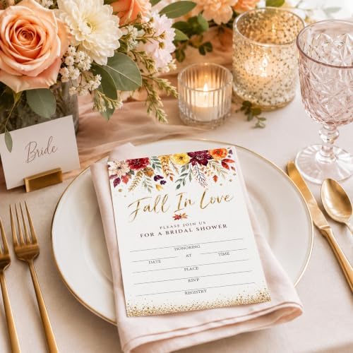 Fall in Love Bridal Shower Invitations, Fill In Style Invites With Envelopes for Fall Wedding Reception, Watercolor Floral Bridal Shower Invitations, Bride To Be Double-Sided Invite Cards, 4 x 6 Inch Set of 25