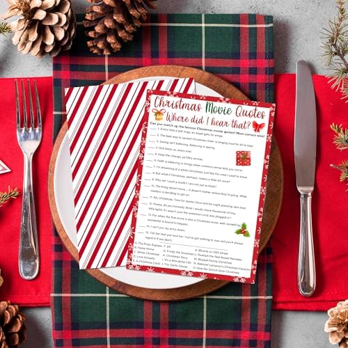 Christmas Movie Quotes Game Card - 20 Game Cards With 1 Answer Card - Xmas Film Party Funny Activity for Family, Adults & Teens - Holiday Christmas Party Supplies & Decor(Red & White Stripe)-A02