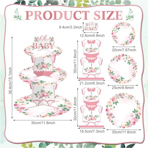 Zopeal 3 Tier Floral Baby Shower Cupcake Stand Cardboard Flower Cupcake Dessert Tower Baby Shower Cake Holder for Spring Flower Gender Reveal Birthday Party Decorations Supplies